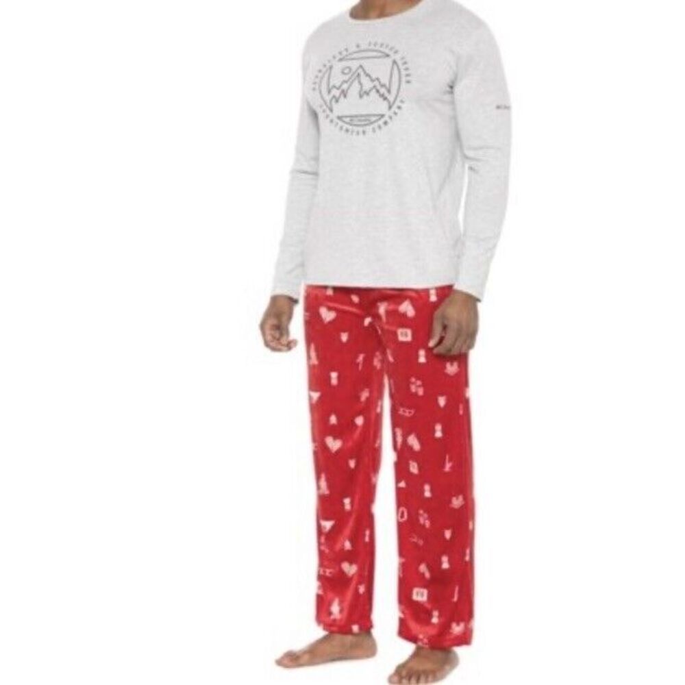 New $68 Columbia MINKY FLEECE Gray Shirt Red Pants Pajama Lounge Set Men's L